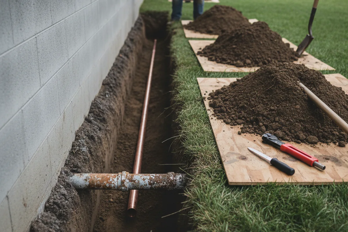 Excavated water line trench during Water Heater Repair in Alabaster